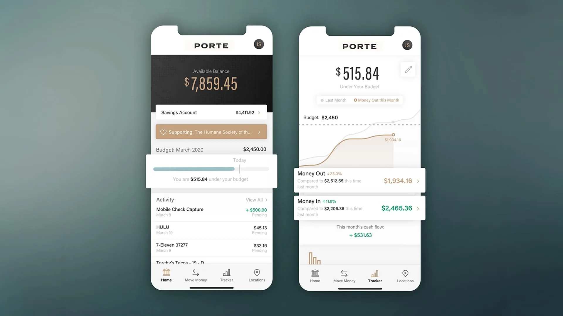 Two Porte app screens — the home dashboard with available balance, savings, a charity the user supports, and an under-budget progress bar beside a live activity feed; and the spending Tracker showing money in, money out, and the month's cash flow.