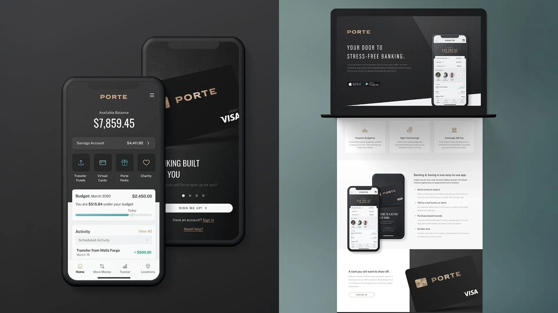 Porte's brand system — the black-and-gold Porte VISA card and the "Banking built for you" onboarding flow on a phone, beside the "Your door to stress-free banking" marketing site on a laptop with App Store and Google Play badges.