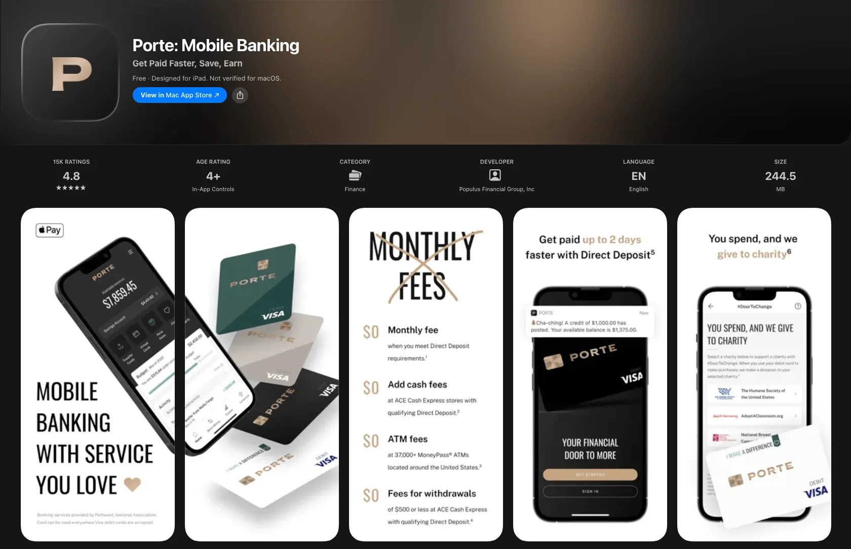 Porte's App Store listing — a 4.8★ mobile banking app with screenshots of the home dashboard, card, fee breakdown, and charity giving.