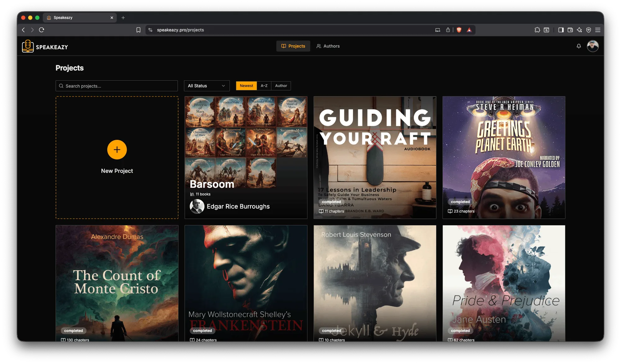 The shipped Speakeazy app — the projects library, a grid of audiobook cover art.
