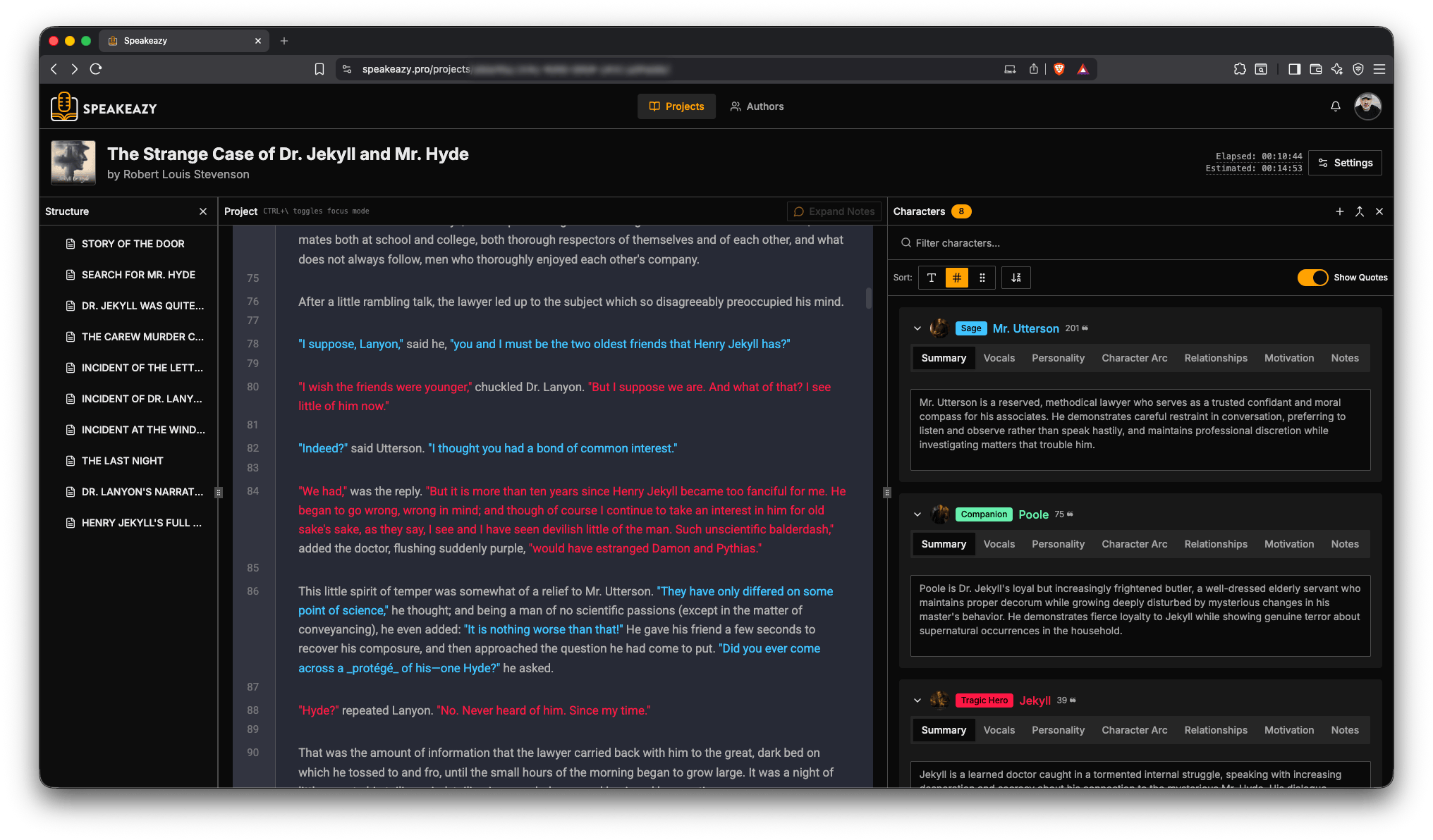 The live Speakeazy app — the color-coded chapter view.
