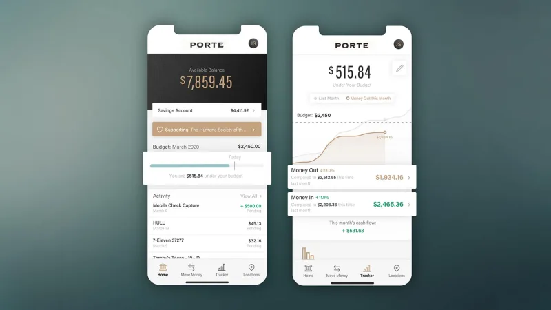 Two screens of the shipped Porte mobile bank: account home and spend tracker.