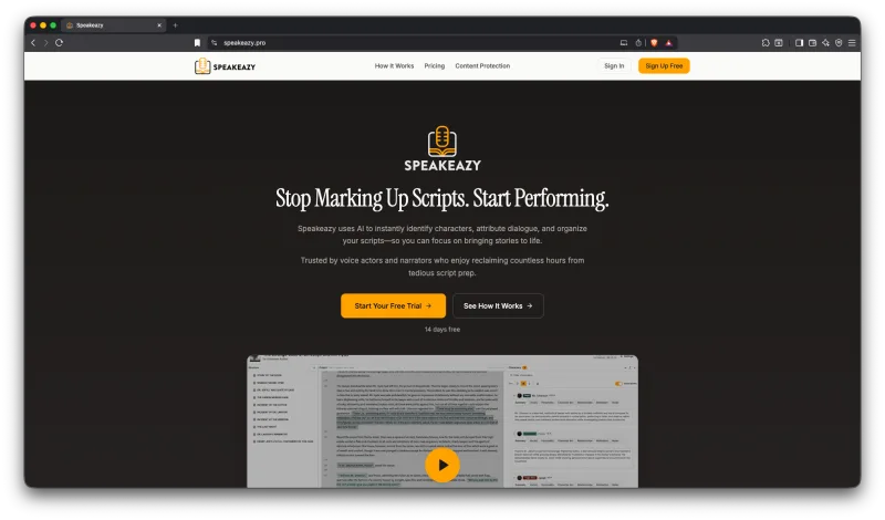 The shipped Speakeazy app — a book open for analysis, dialogue attributed by character.