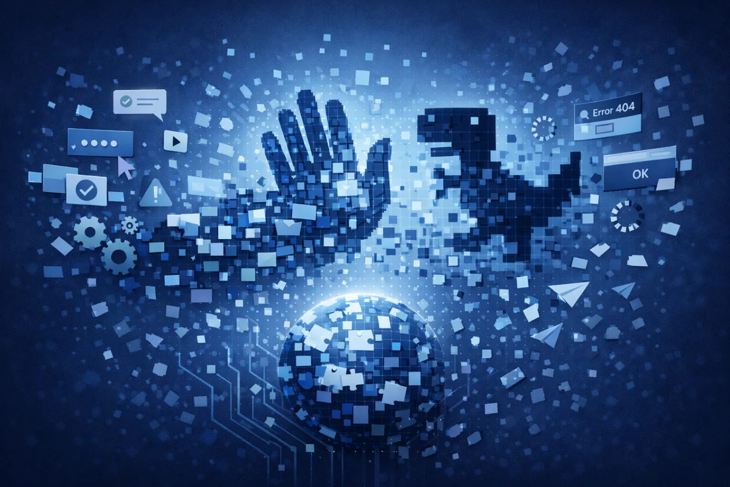 An outstretched hand and a human figure dissolving into pixels among scattered UI fragments — error dialogs, toggles, gears, and loading spinners.