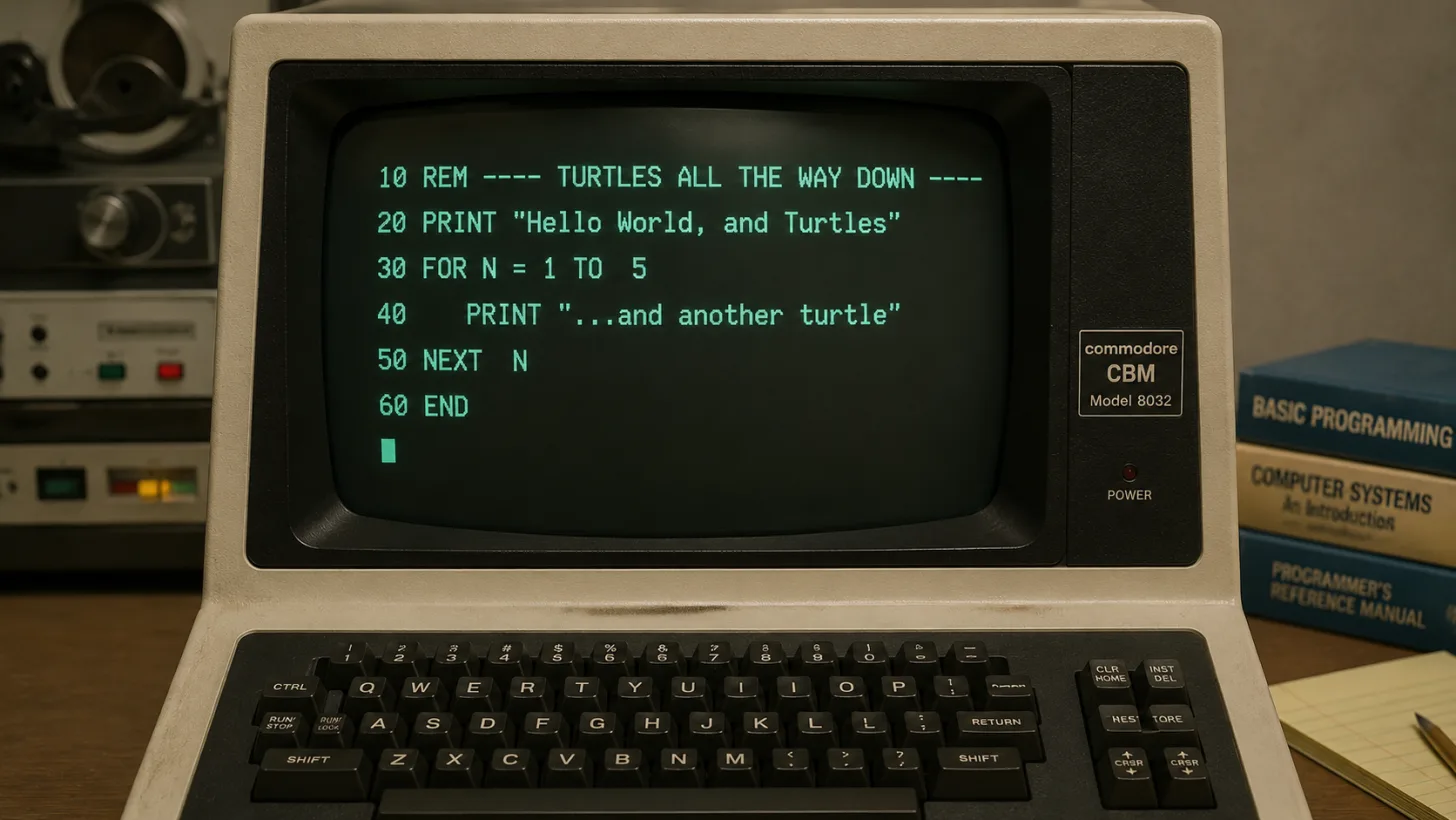 A Commodore CBM 8032 terminal running a short BASIC program that prints “Hello World, and Turtles.”
