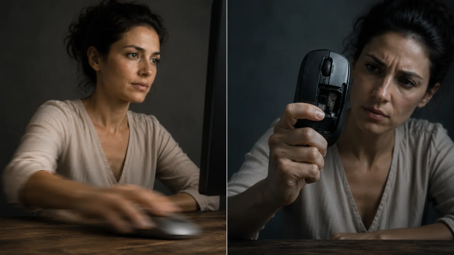 Two panels: a woman using a mouse without looking at it, then frowning at the same mouse held up broken open in her hand.