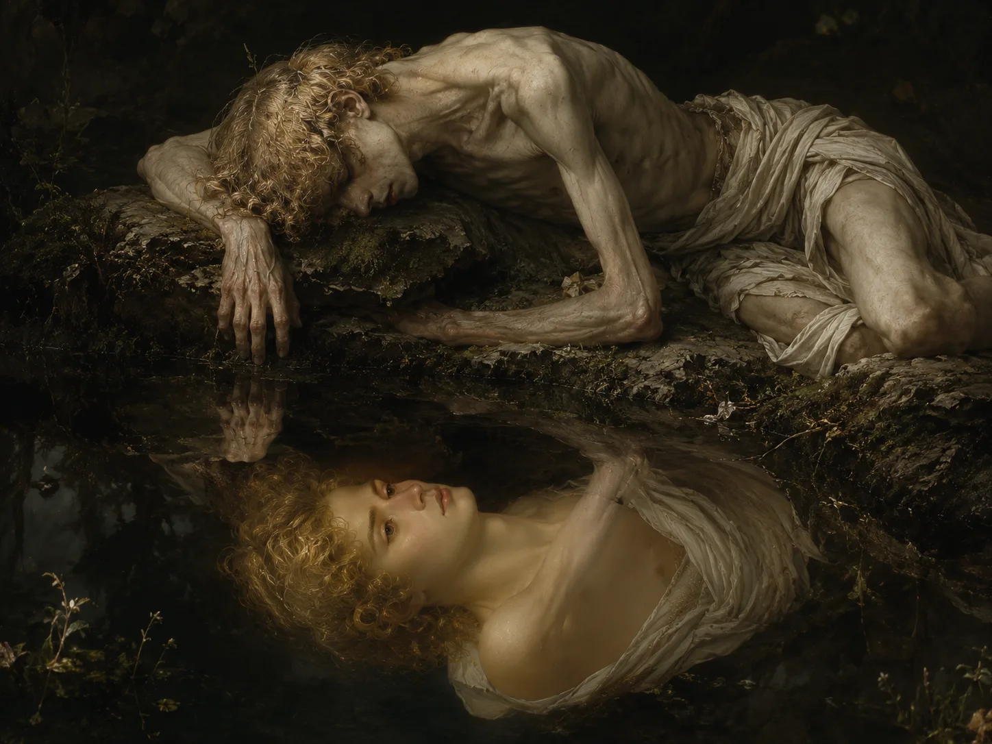 A gaunt figure lying at the edge of a dark pool, gazing at a young, healthy reflection in the water.