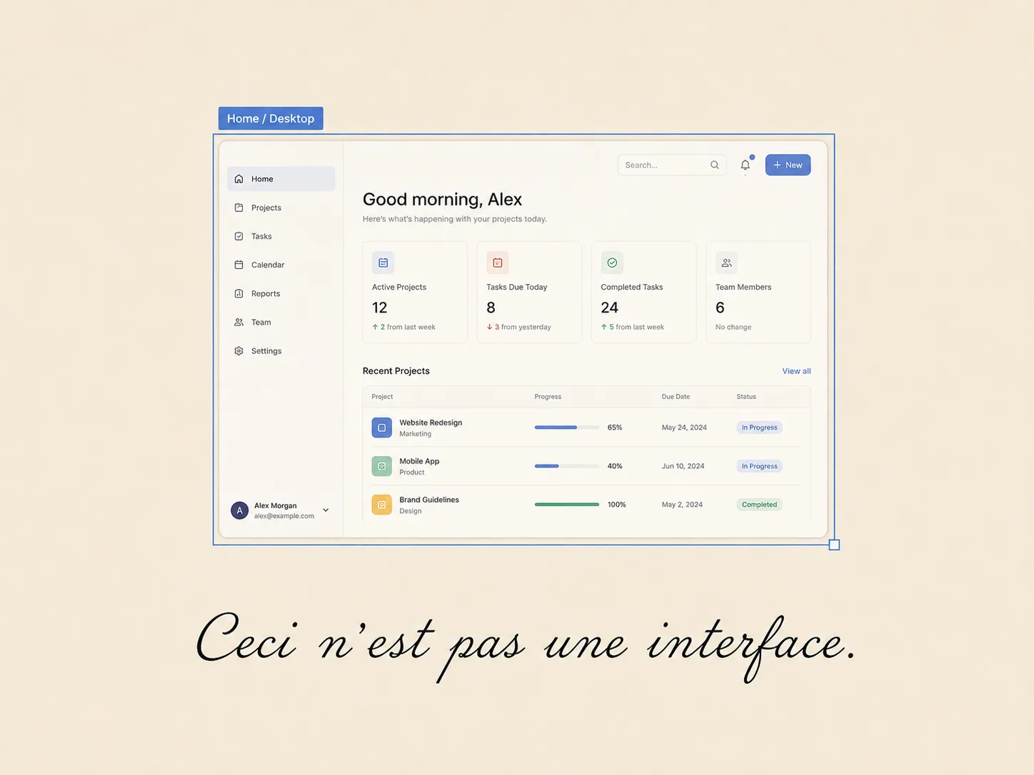 A screenshot of a project-management dashboard above the handwritten line “Ceci n’est pas une interface.”