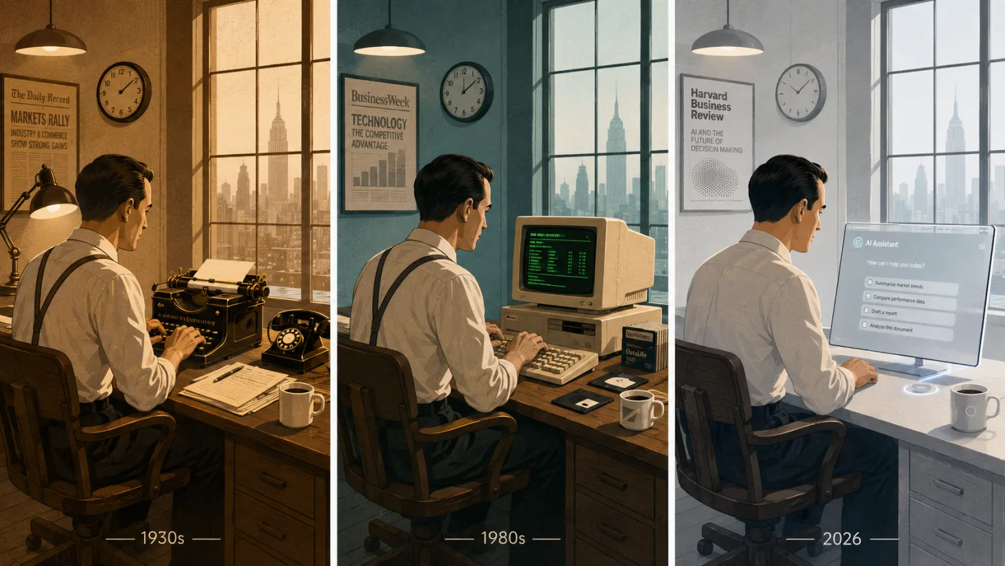 Three panels of the same office worker at a desk — a 1930s typewriter, a 1980s desktop computer, and a 2026 screen showing an AI assistant.