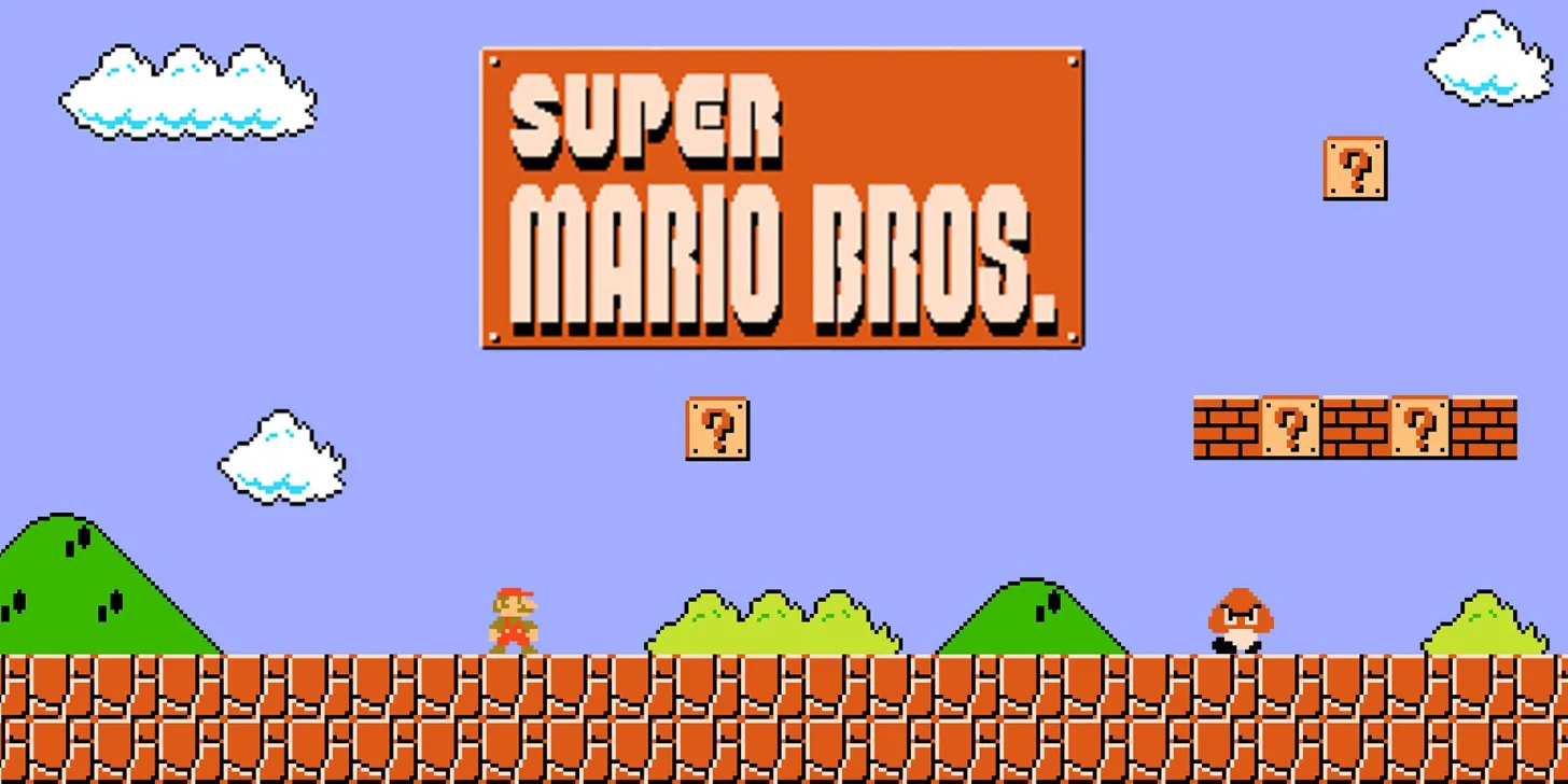 The opening screen of Super Mario Bros. on the NES.